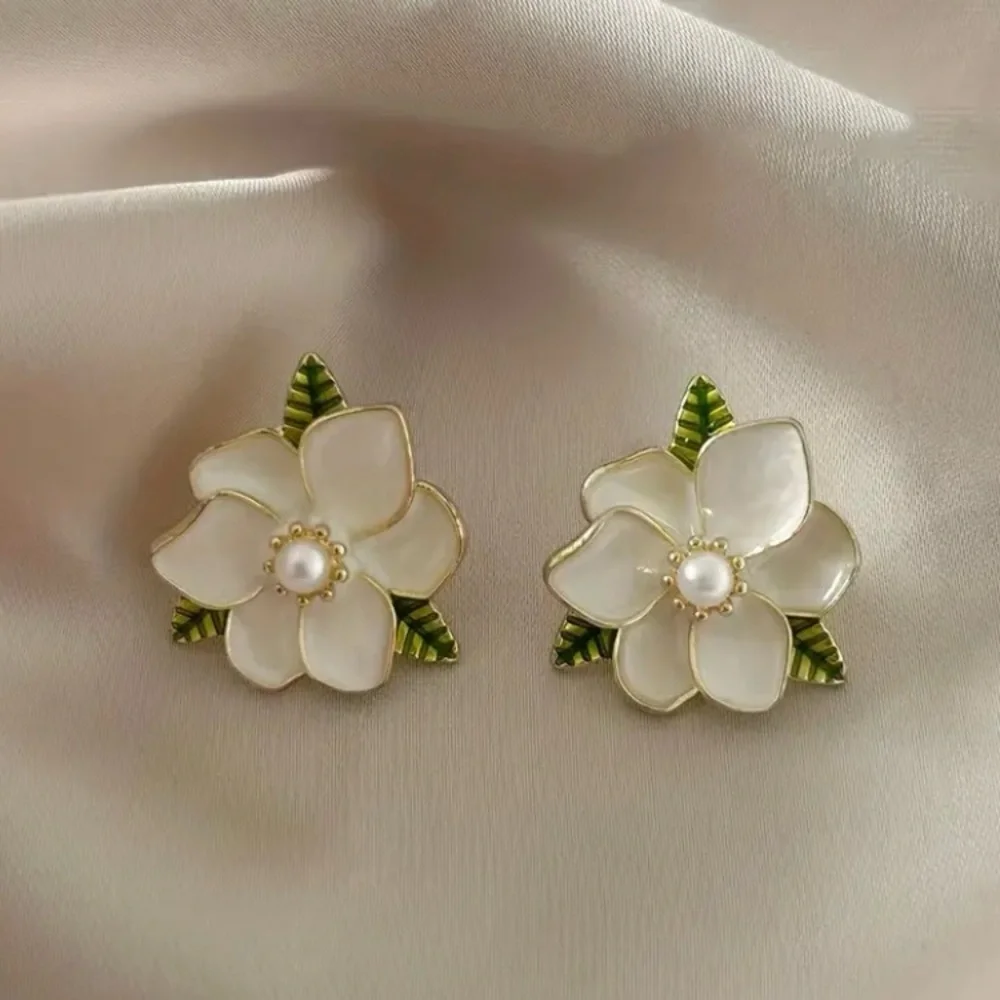 Gold Magnolia Camellia Faux Pearl Flower Earrings Floral Bridal Summer Wedding - Picture 8 of 12
